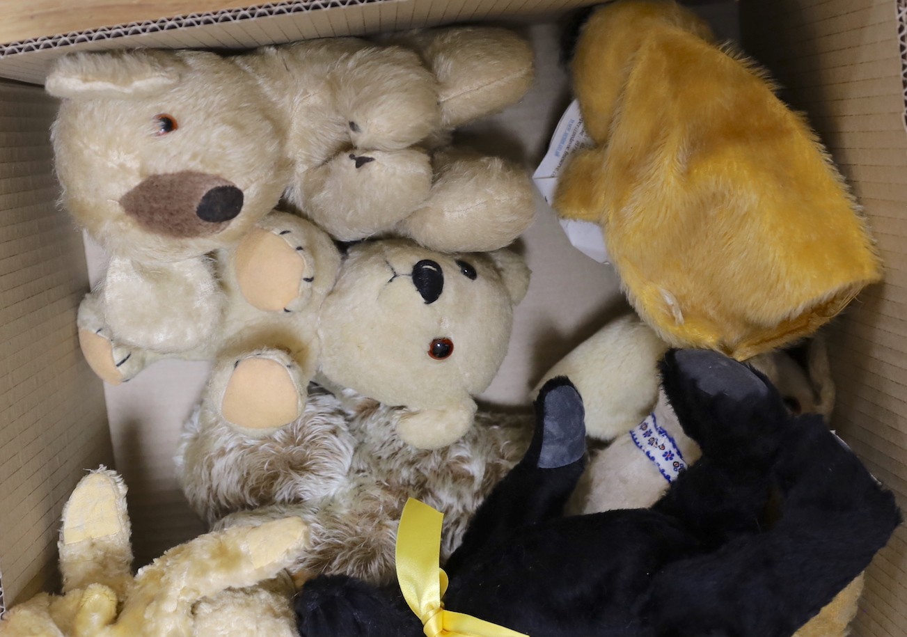 Two limited edition Deans Teddy Bears, three Puppet Bears inc. Panda and Sooty, one Panda large 1930's British Bear and six assorted Bears and dog